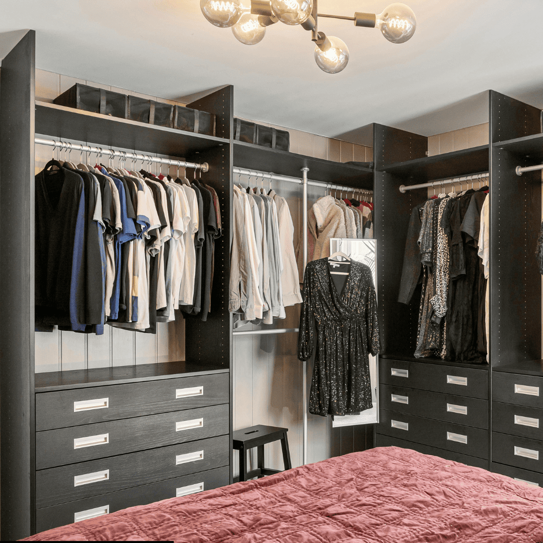 Custom closet with organized clothing and storage solutions in Durango, Colorado.