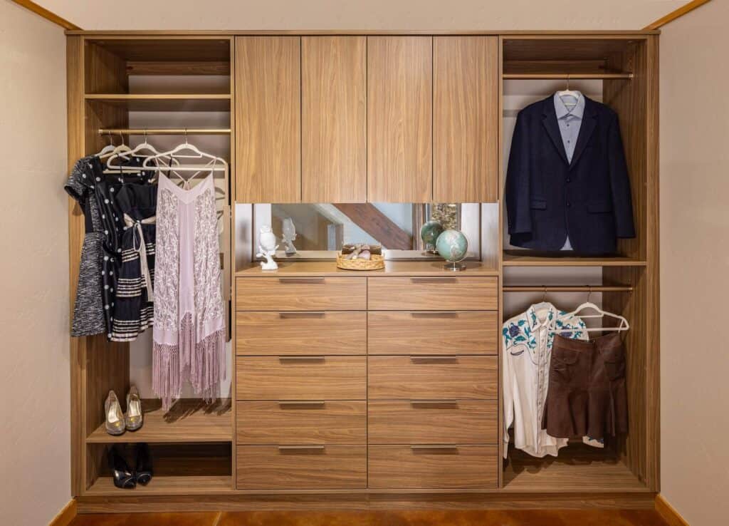 Elegant custom closet with organized clothing and accessories in Durango.