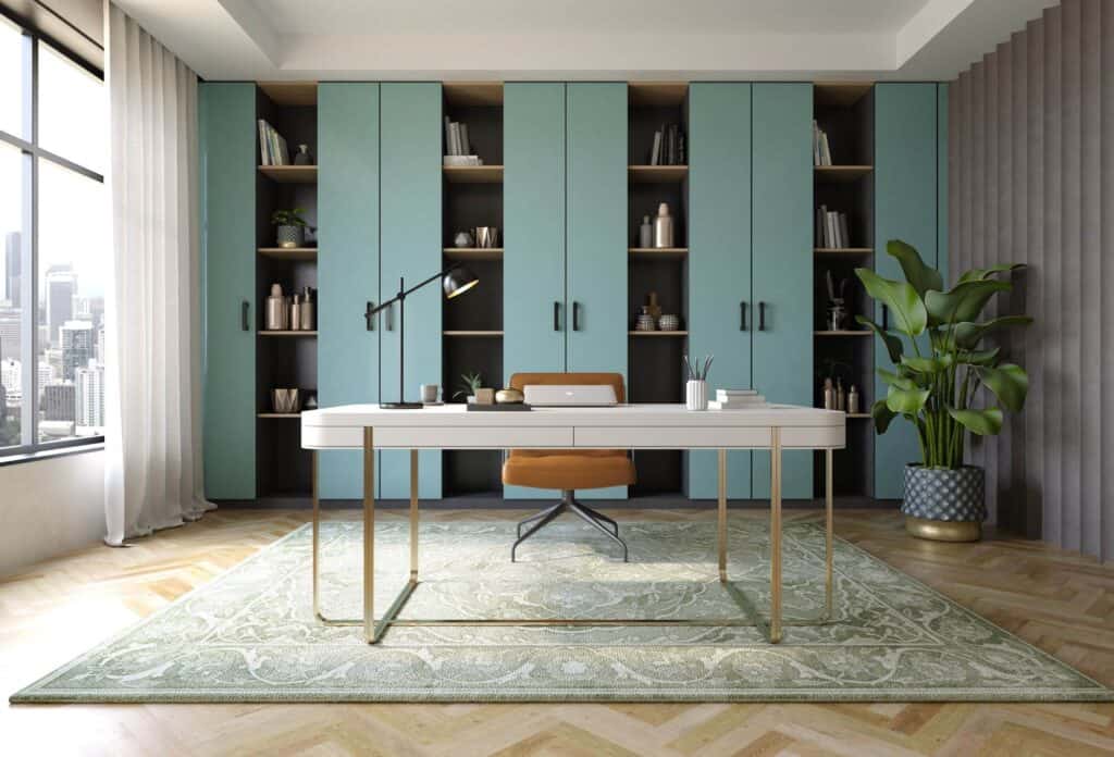 Stylish office with custom cabinets and shelves in Durango, Colorado.