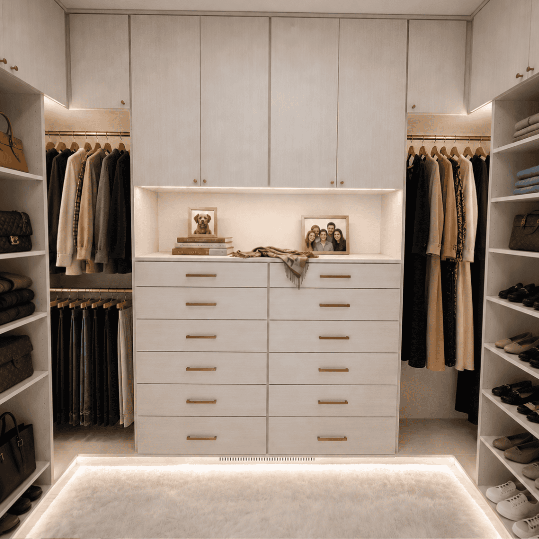 Luxury custom walk-in closet with white cabinetry, integrated lighting, gold hardware, drawers, hanging storage, and shoe shelves.