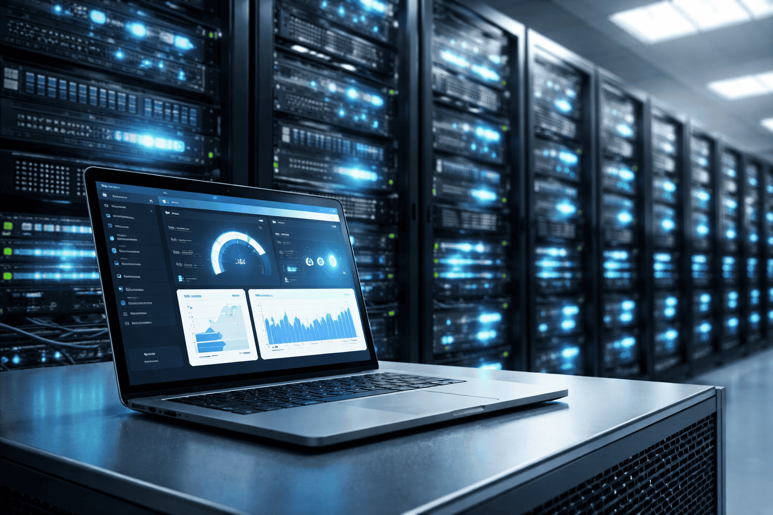 Laptop displaying IT infrastructure monitoring dashboard in a data centre with server racks and real-time performance analytics