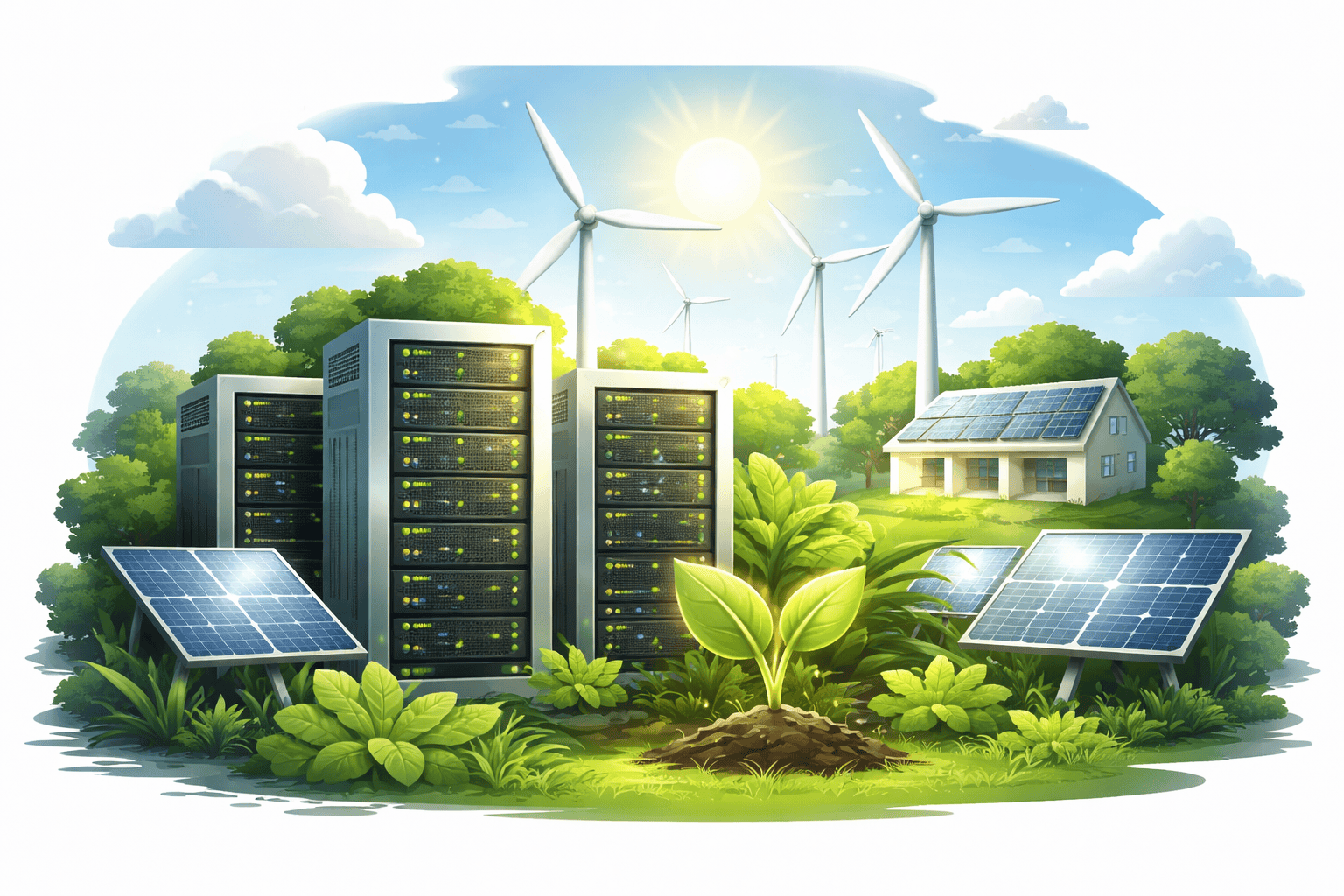 Eco-friendly data centre powered by solar panels and wind turbines with sustainable IT infrastructure and green energy solutions