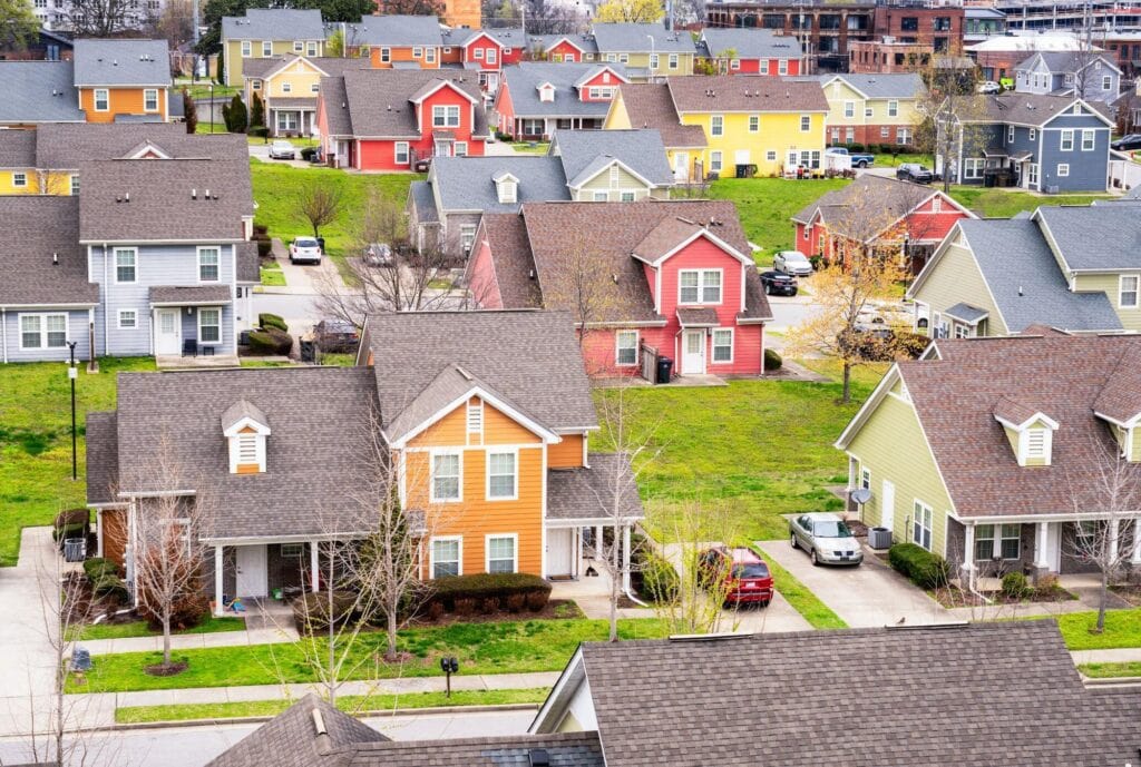 Colorful suburban houses in Walnut Creek, CA, with vibrant paint and well-maintained landscaping.