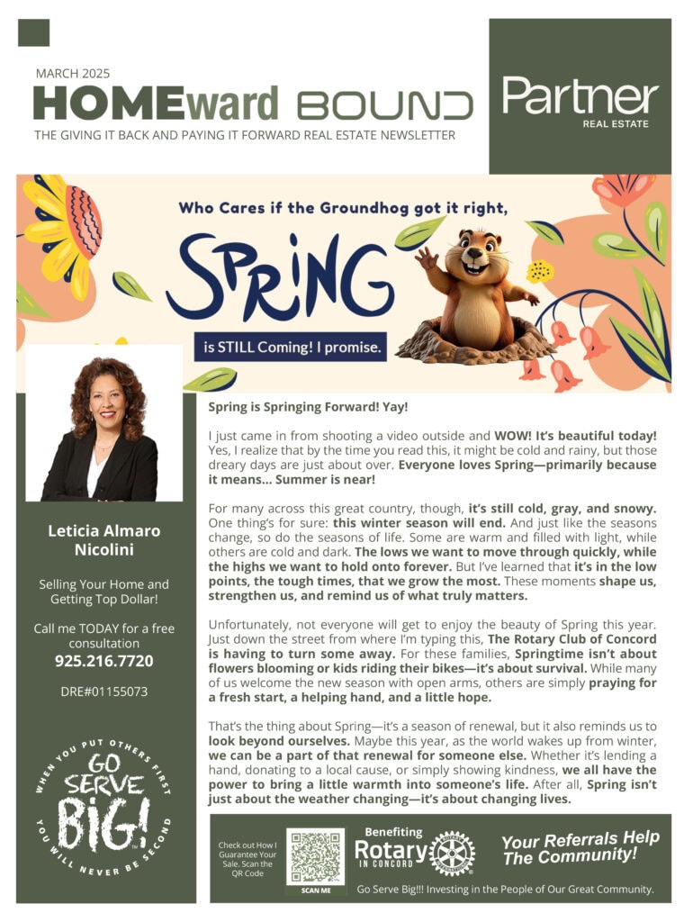 Spring-themed groundhog cartoon with floral accents and a smiling woman in business attire.