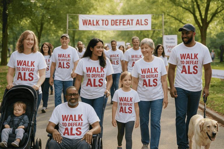 WALK TO DEFEAT ALS charity walk event in Walnut Creek, CA featuring diverse supporters and helpful guide dogs.