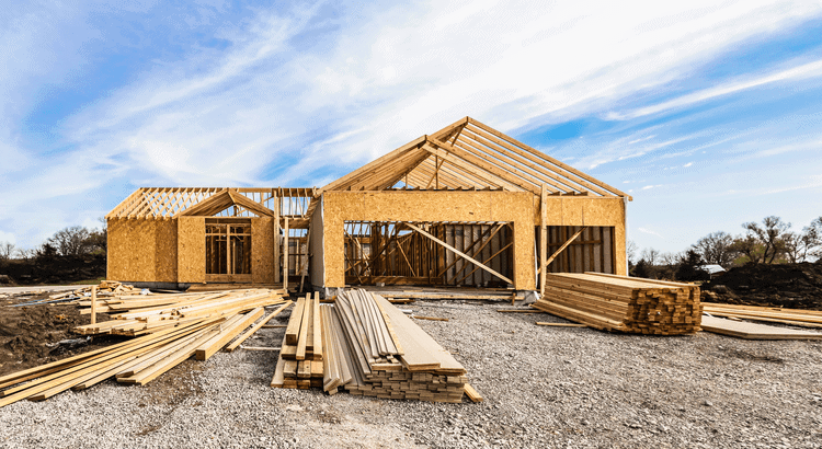 Wooden house construction in progress in Walnut Creek, CA.