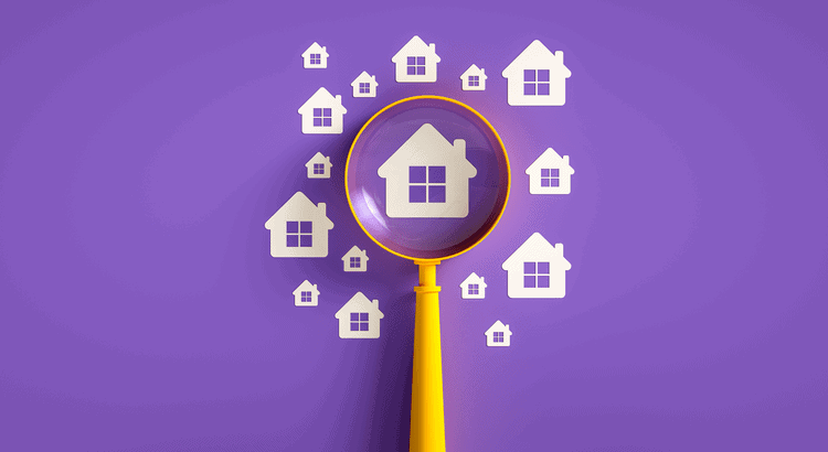 Magnifying glass focusing on a house icon surrounded by multiple home symbols against purple background.