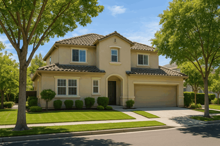 Modern two-story beige home with a manicured lawn and mature trees in Walnut Creek, CA.