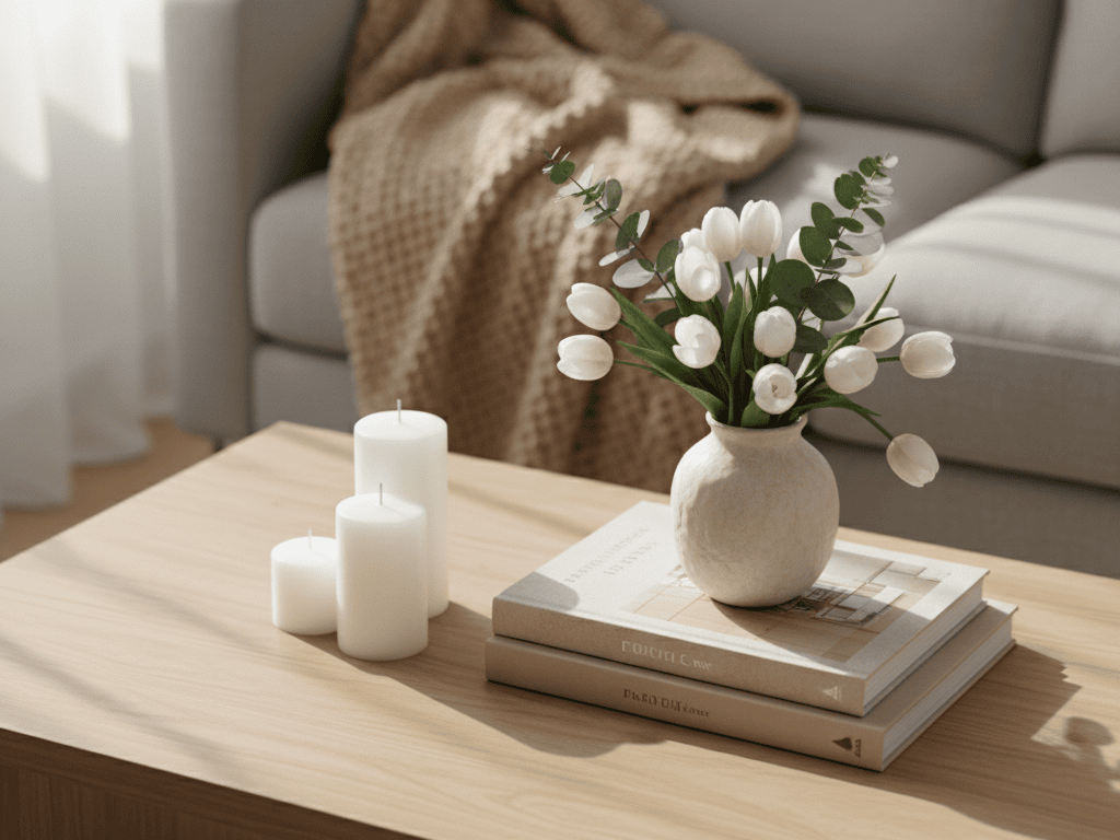 Beautiful living room with white tulips in a ceramic vase, candles, and decor books for cozy ambiance.