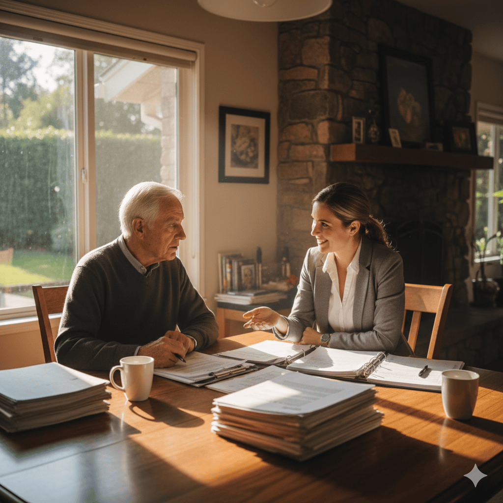 Real estate agent discussing property details with an elderly client at home in Walnut Creek, CA.