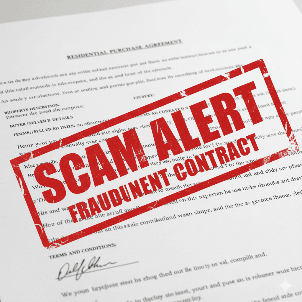 Scam alert image with fraudulent contract warning for real estate fraud.