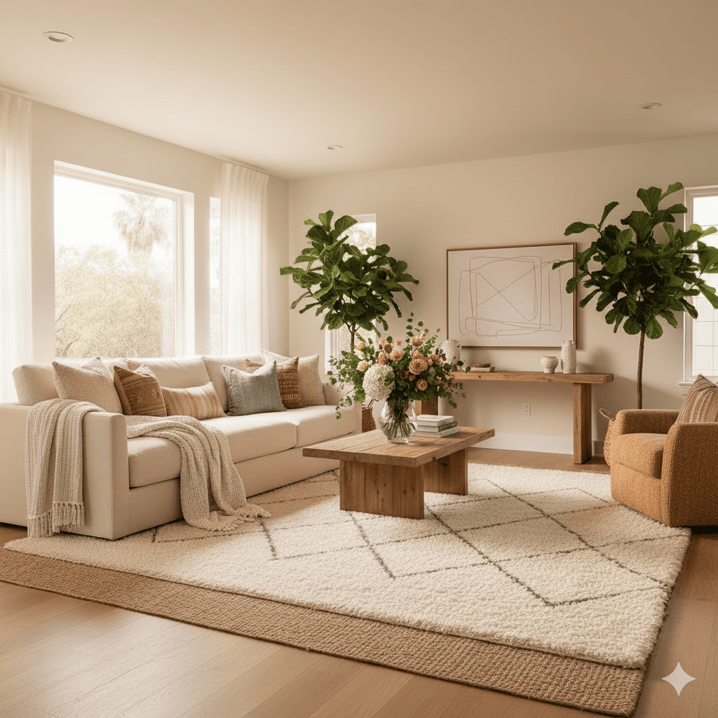 Cozy living room with neutral tones, large windows, and lush green plants in Walnut Creek, CA.