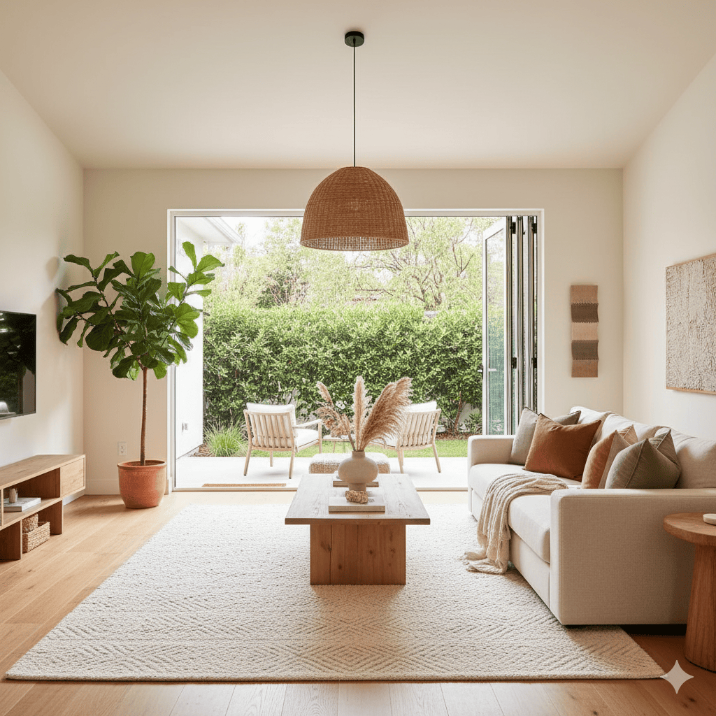 Bright living room with large open sliding glass doors opening to a lush garden.