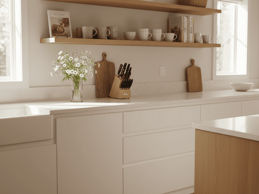 Vintage kitchen with white cabinetry, open shelves, and natural light, featuring a flower arrangement and wooden accents.