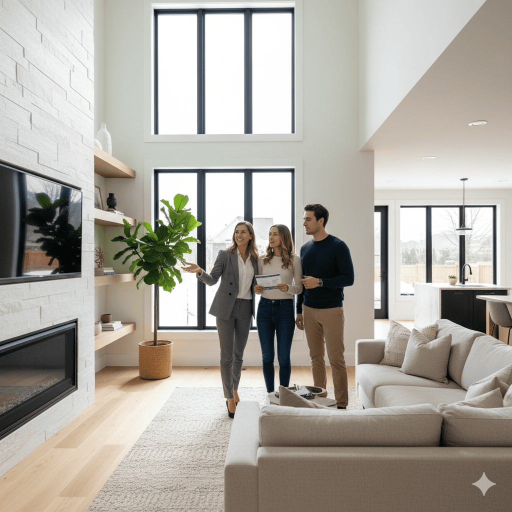 Modern living room with large windows and a real estate agent showing a client property features.