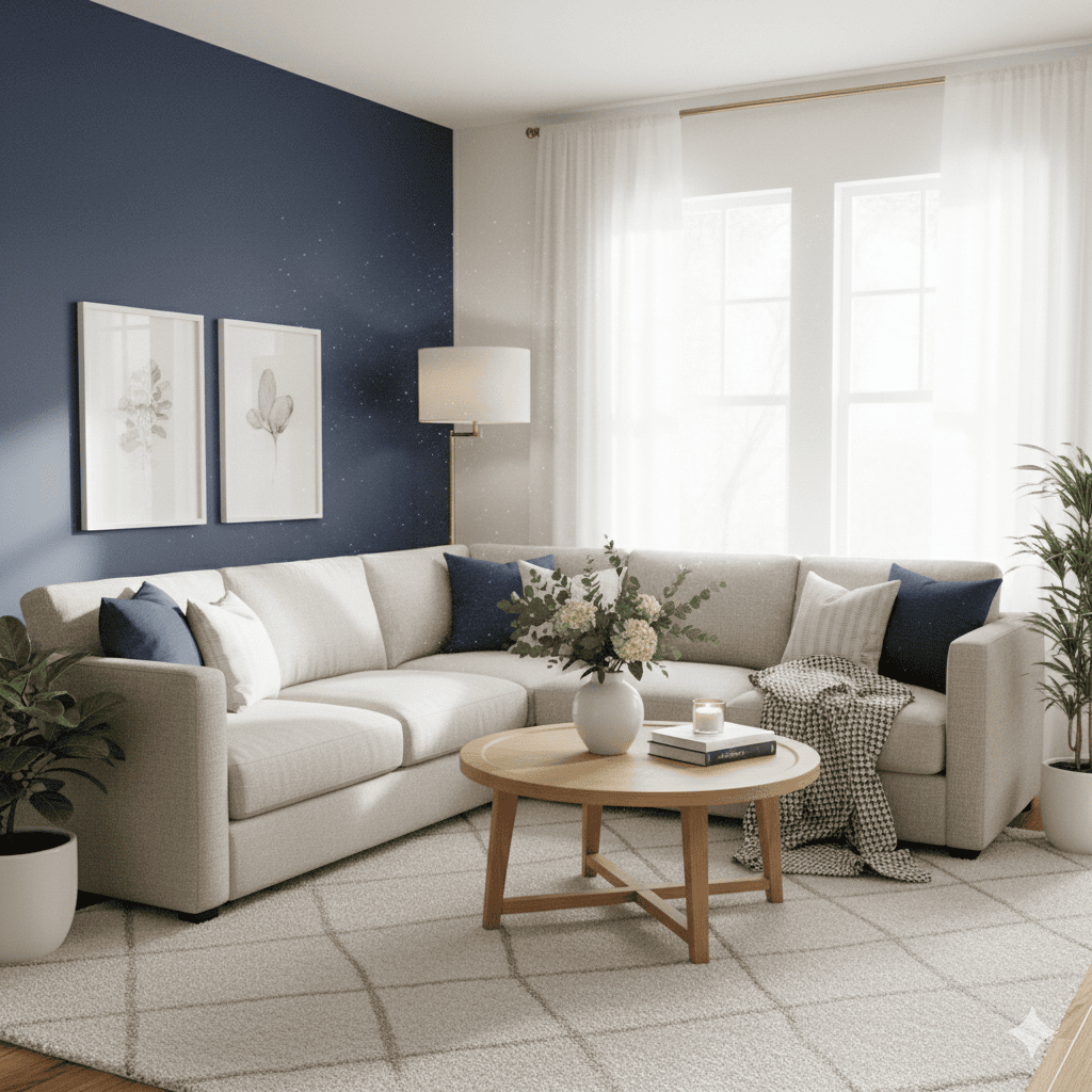 Modern living room with a cozy white sectional sofa, navy accent wall, and natural light in Walnut Creek, CA.