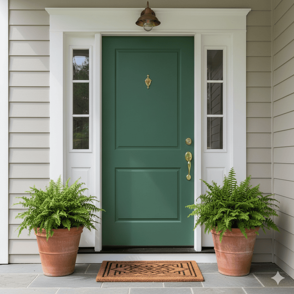 Green front door with brass hardware and sidelight windows in a white house exterior.