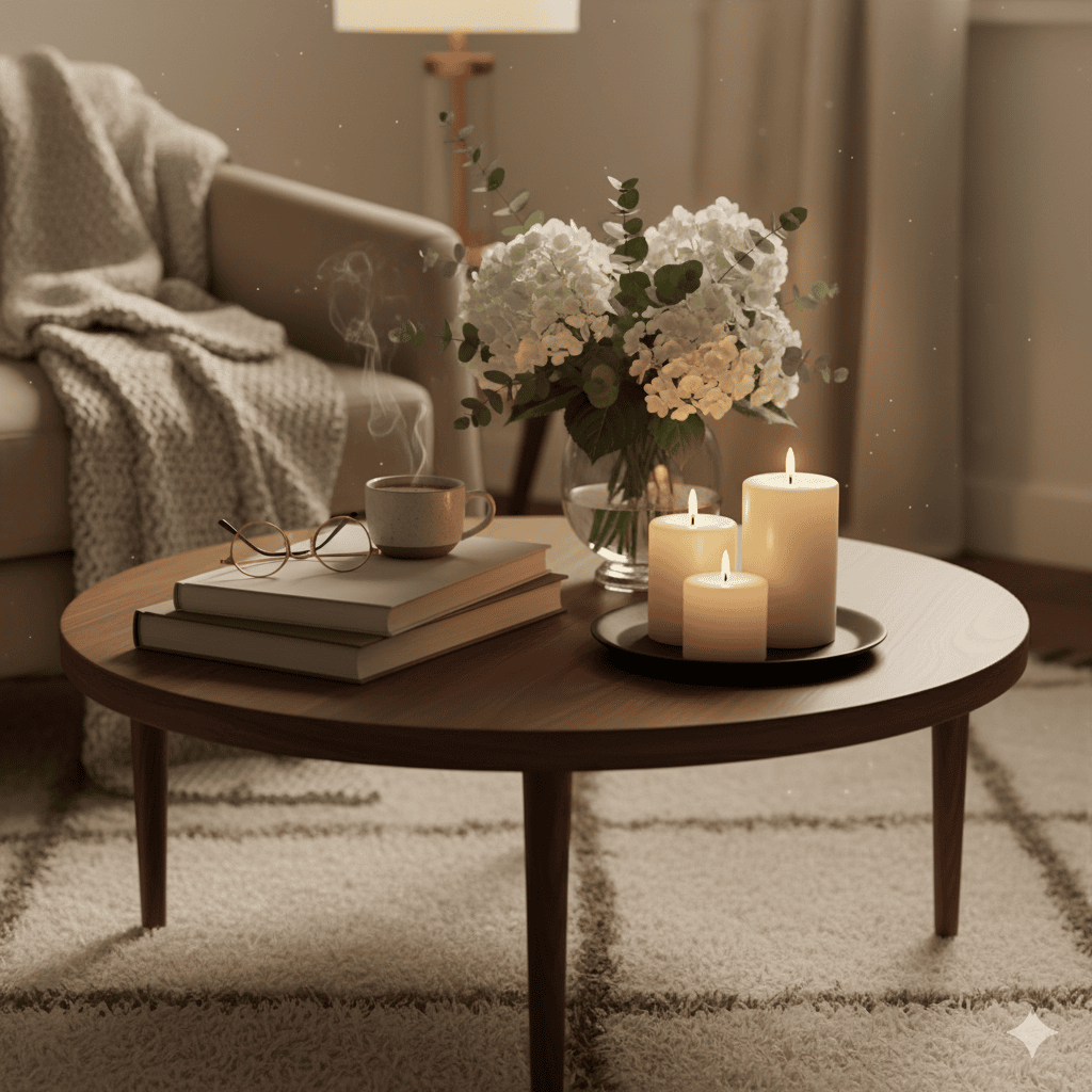 Cozy living room scene with candles, books, coffee, and floral arrangement for a warm, inviting home atmosphere.