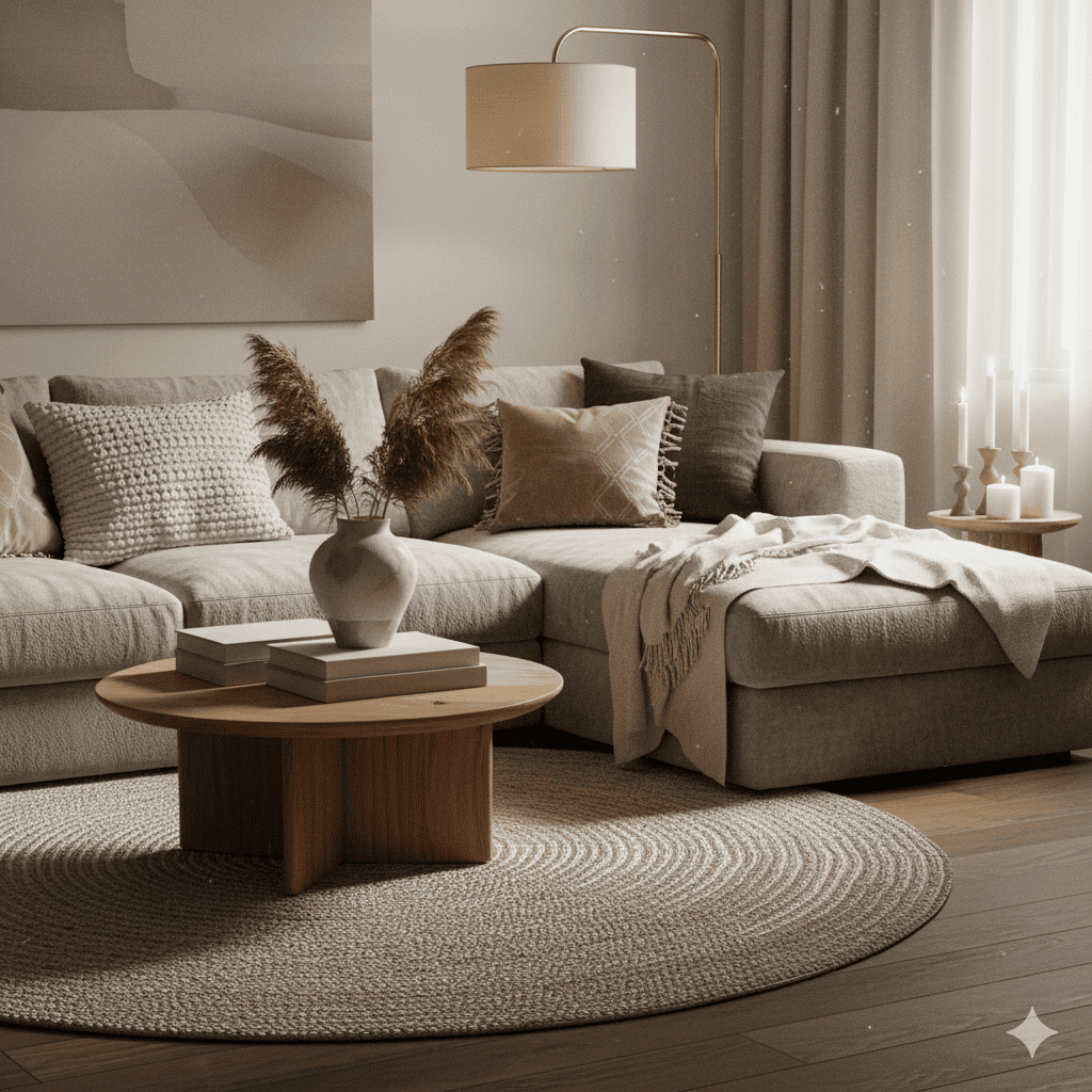 Cozy living room with neutral tones and modern decor, beige sofa with textured pillows and a round wooden coffee table.