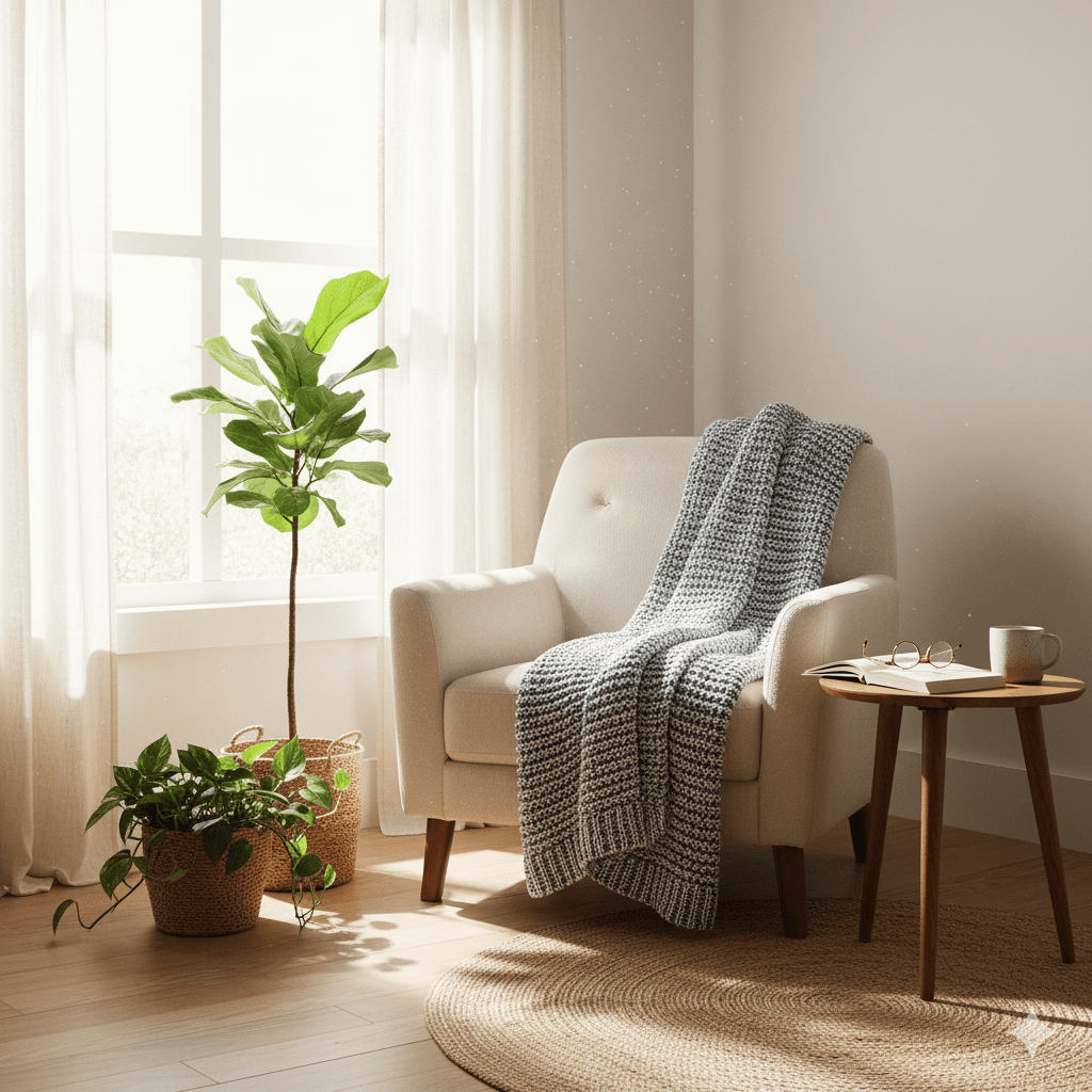 Cozy living room corner with beige armchair, throw blanket, potted plants, and side table with book and mug.