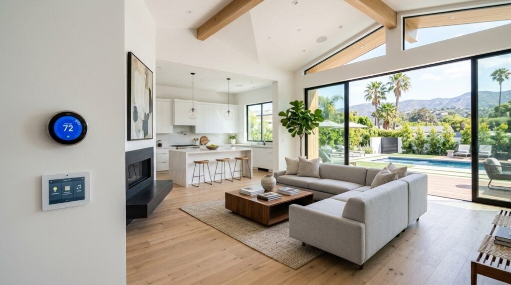 Bright living room with large windows overlooking a pool and palm trees.