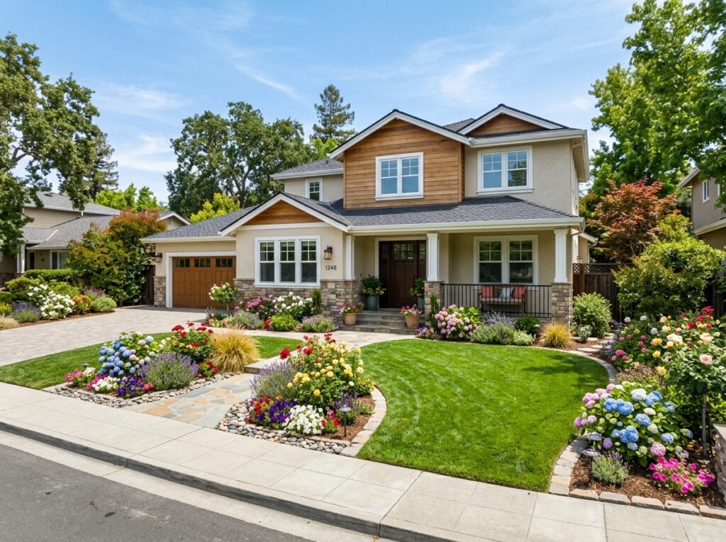Elegant home in Walnut Creek CA with lush landscaping and vibrant flowers.