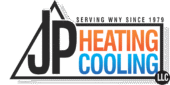 JP Heating & Cooling logo shows the company name and highlights reliable heating and cooling services in Amherst, NY.