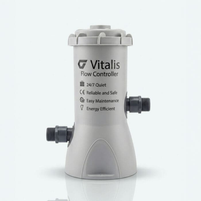 Vitalis Flow Controller unit with pipe fittings, labelled 24/7 Quiet, Reliable and Safe, Energy Efficient