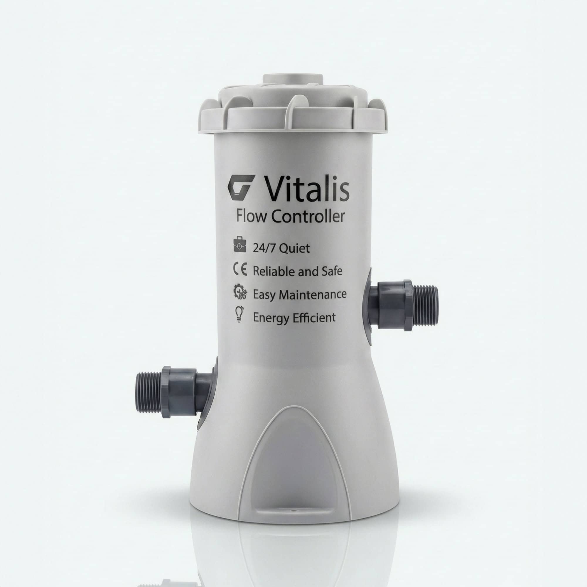 Vitalis Flow Controller unit with pipe fittings, labelled 24/7 Quiet, Reliable and Safe, Energy Efficient