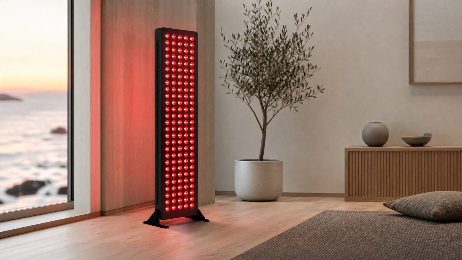 Matte black red light therapy panel glowing red and near-infrared in a minimalist home studio