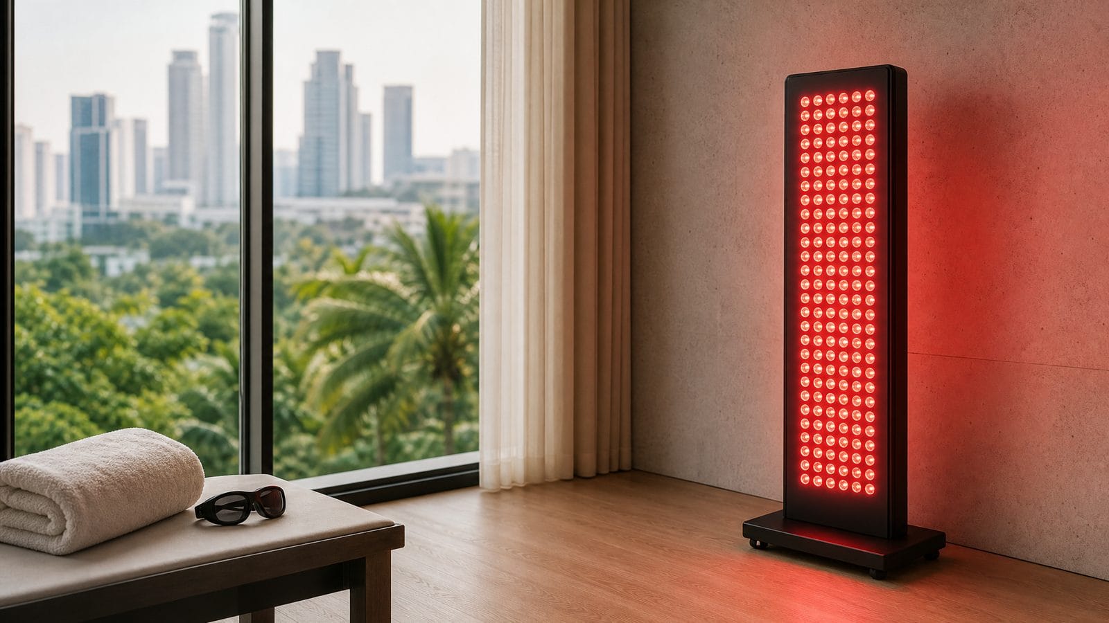 Free-standing red light therapy panel in a modern Singapore apartment at morning light