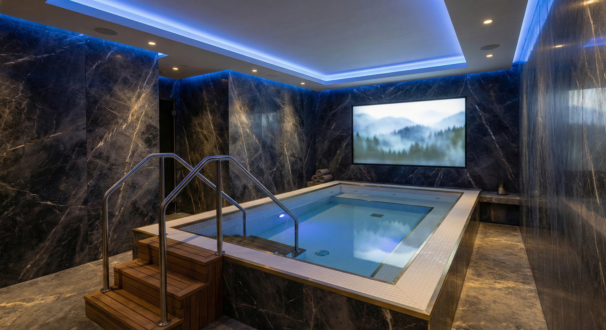 Tiled cold plunge pool with steel handrails in a marble spa room with blue lighting, commercial installation