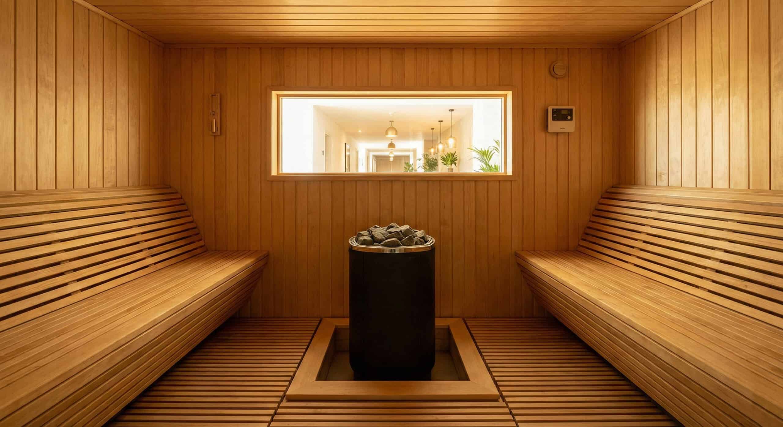 Wood-lined sauna interior with benches and a stone-topped heater in a commercial wellness facility