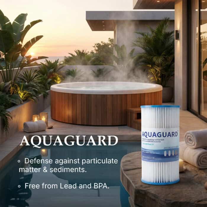 AquaGuard pleated filter cartridge beside a steaming hot tub, defends against particulates, free from lead and BPA