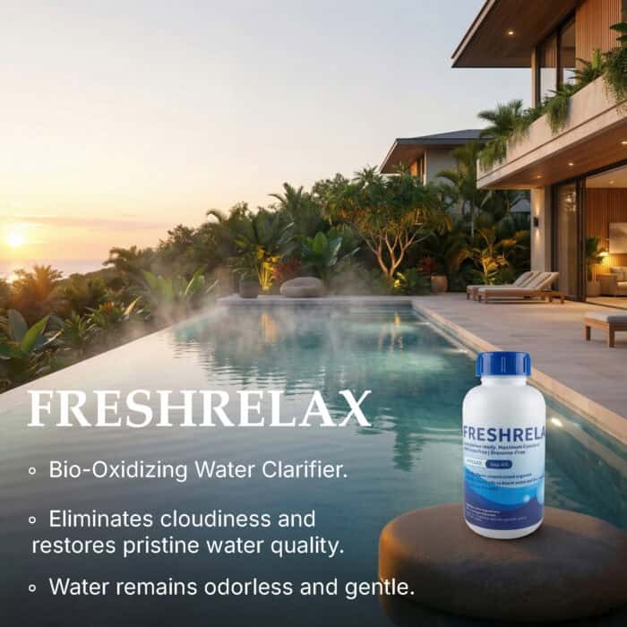 FreshRelax bio-oxidizing water clarifier bottle beside an infinity pool, eliminates cloudiness and restores water quality