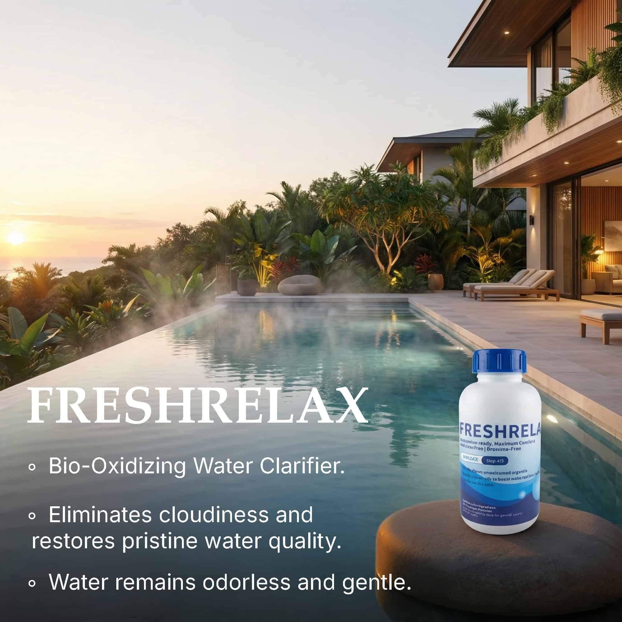 FreshRelax bio-oxidizing water clarifier bottle beside an infinity pool, eliminates cloudiness and restores water quality