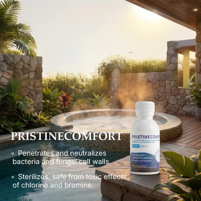 PristineComfort sanitizer bottle beside a steaming spa tub, neutralizes bacteria and fungi without chlorine or bromine