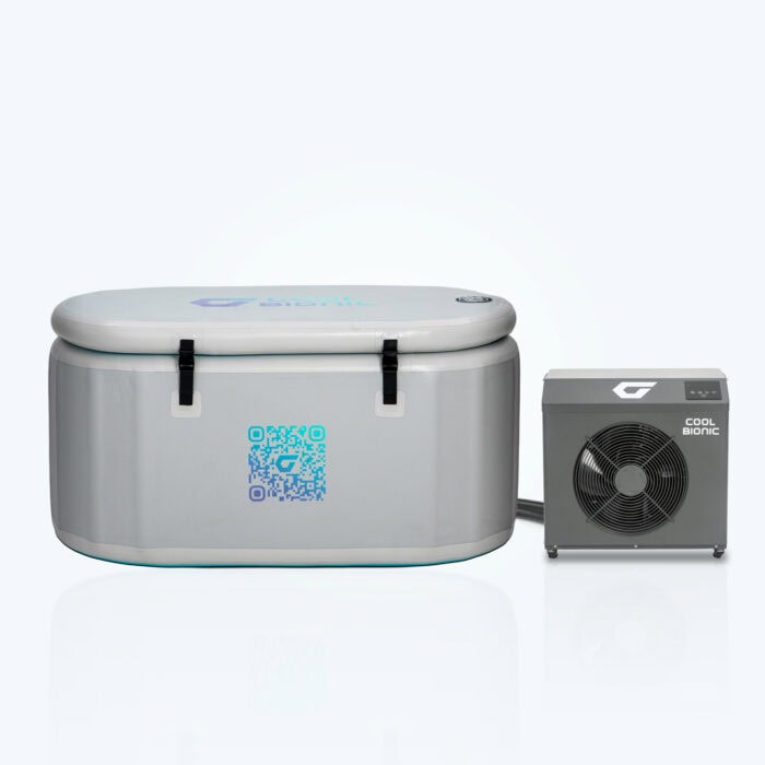Vitalis 3 inflatable tub with a QR code on its front panel beside the Cool Bionic cooling unit