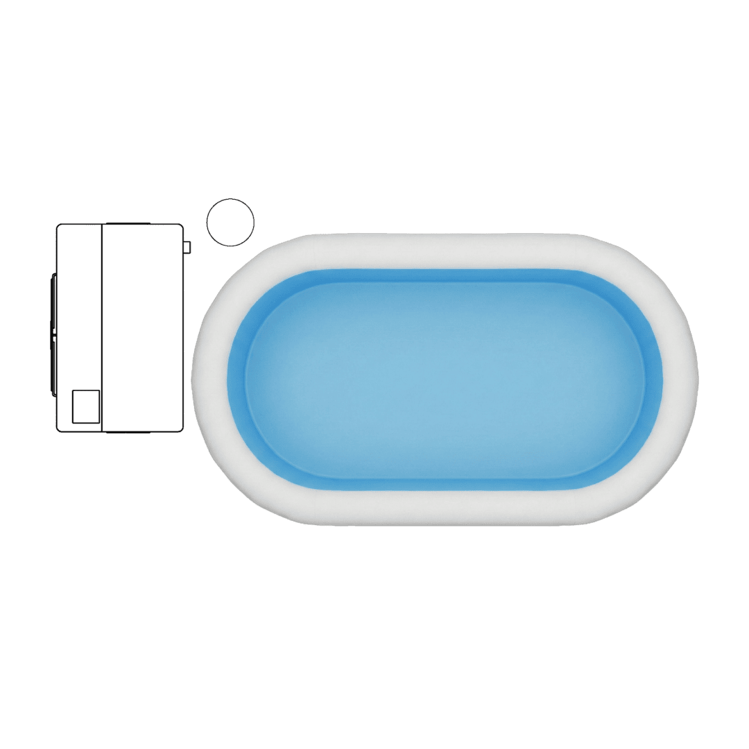 Orientation B tub layout swatch, top-down view with cooling unit outline at the left end of the tub