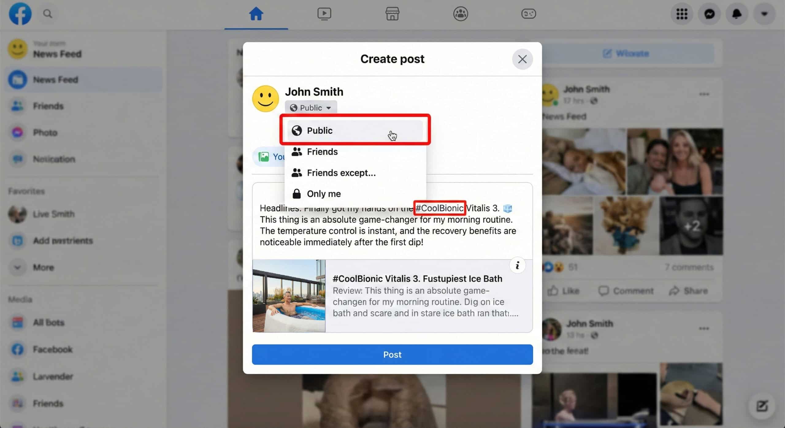 Facebook desktop Create post dialog with the audience dropdown open and Public highlighted