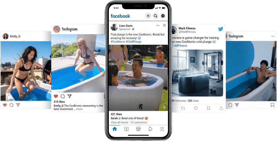 Collage of Facebook, Instagram and Twitter posts showing people in Cool Bionic ice baths