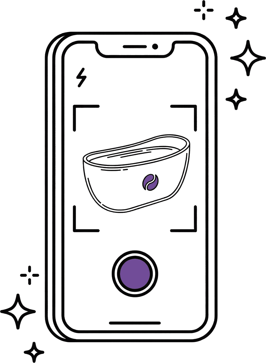 Line-art phone camera photographing an ice bath tub, warranty registration photo step