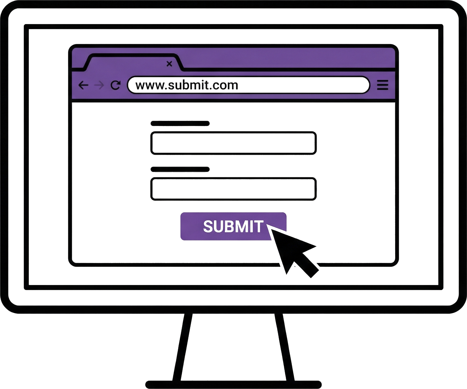 Line-art desktop browser form with a Submit button, warranty form submission step