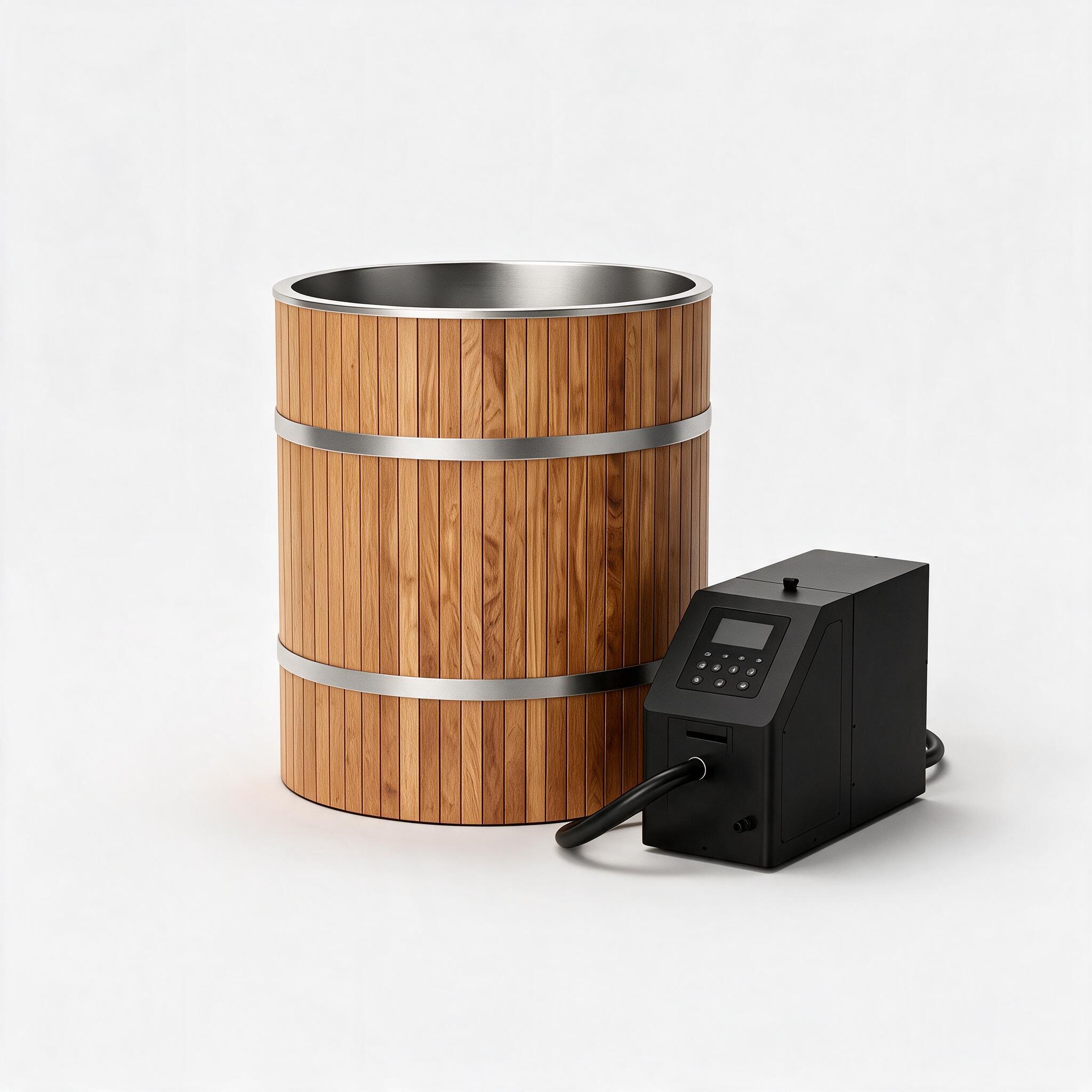 Barrel Plunge cold plunge system, alternate view - Cool Bionic HydroForge