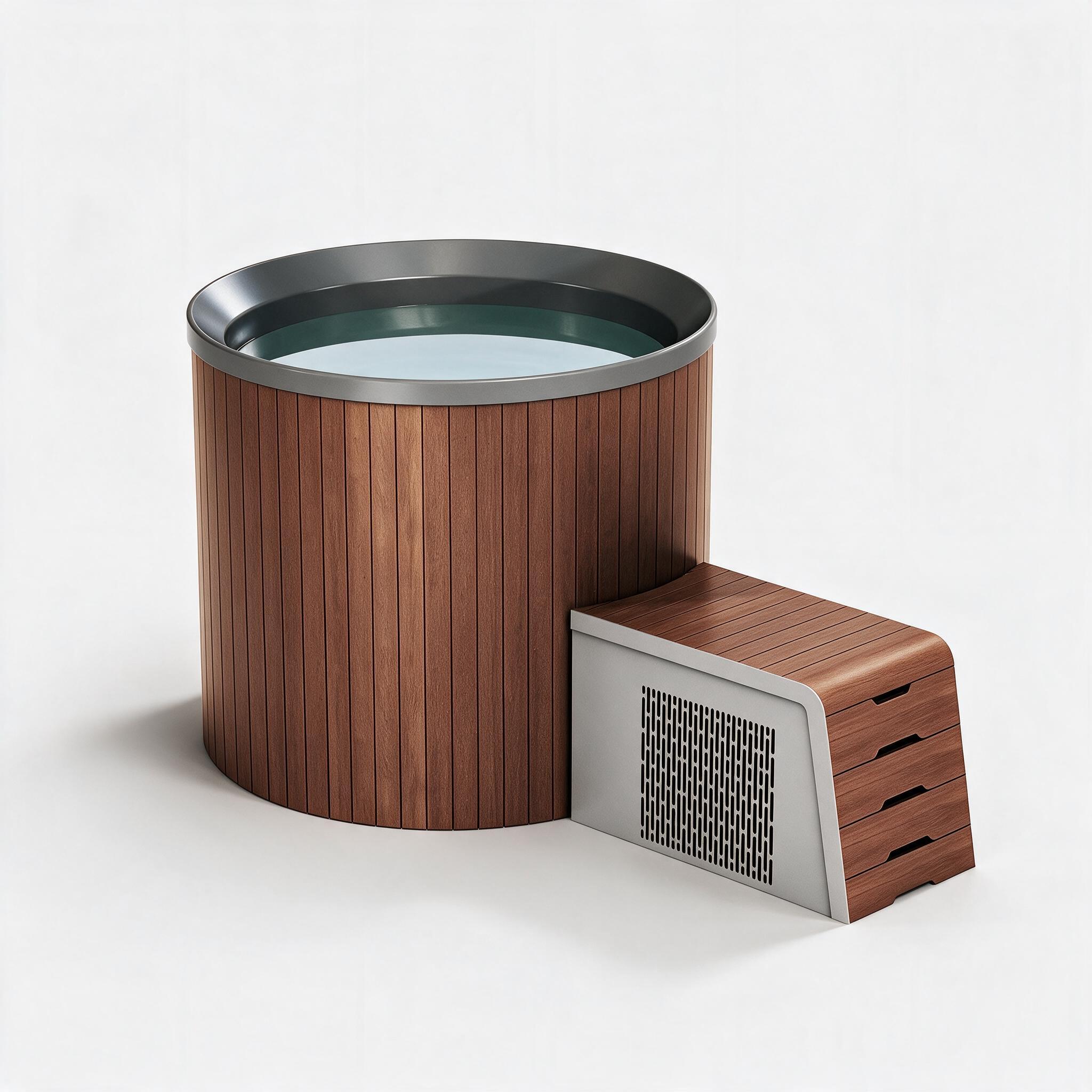 Cask Round Barrel Half Platform cold plunge system, alternate view - Cool Bionic HydroForge
