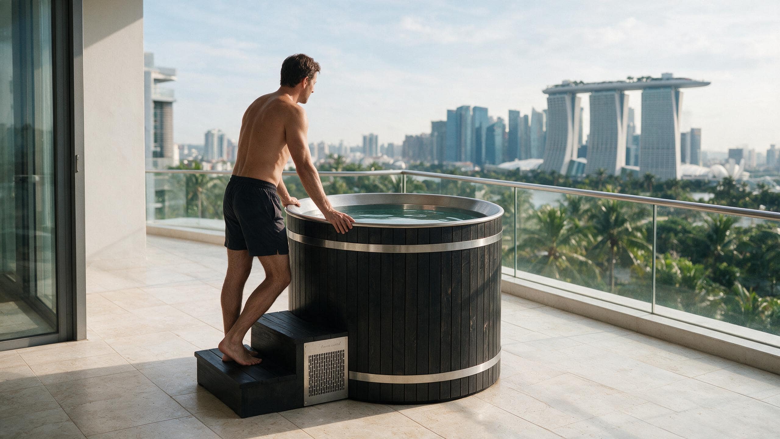Cask Round Barrel Half Platform ice bath cask rh l black all stepin - Cool Bionic HydroForge