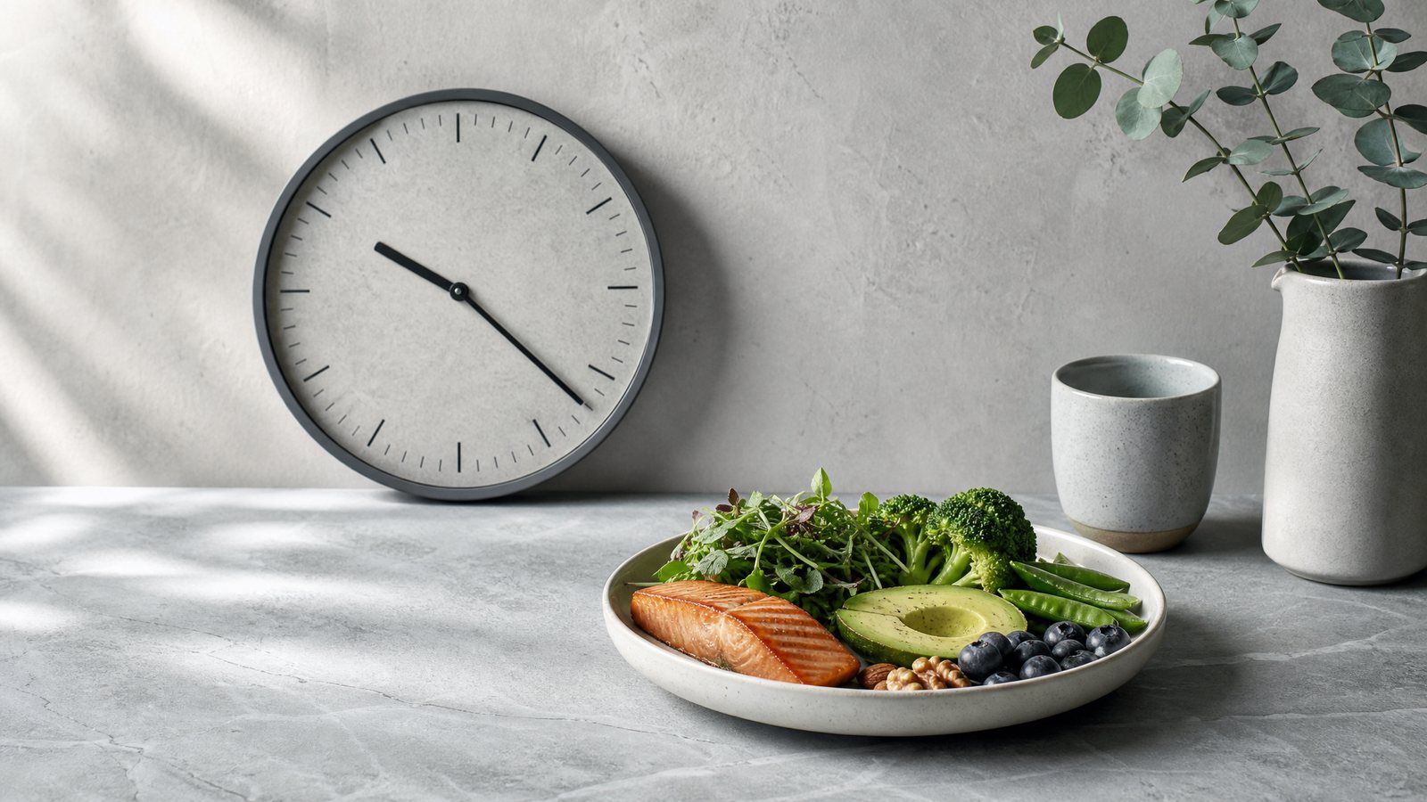 A simple clock beside whole food, illustrating time-restricted eating and the metabolic switch
