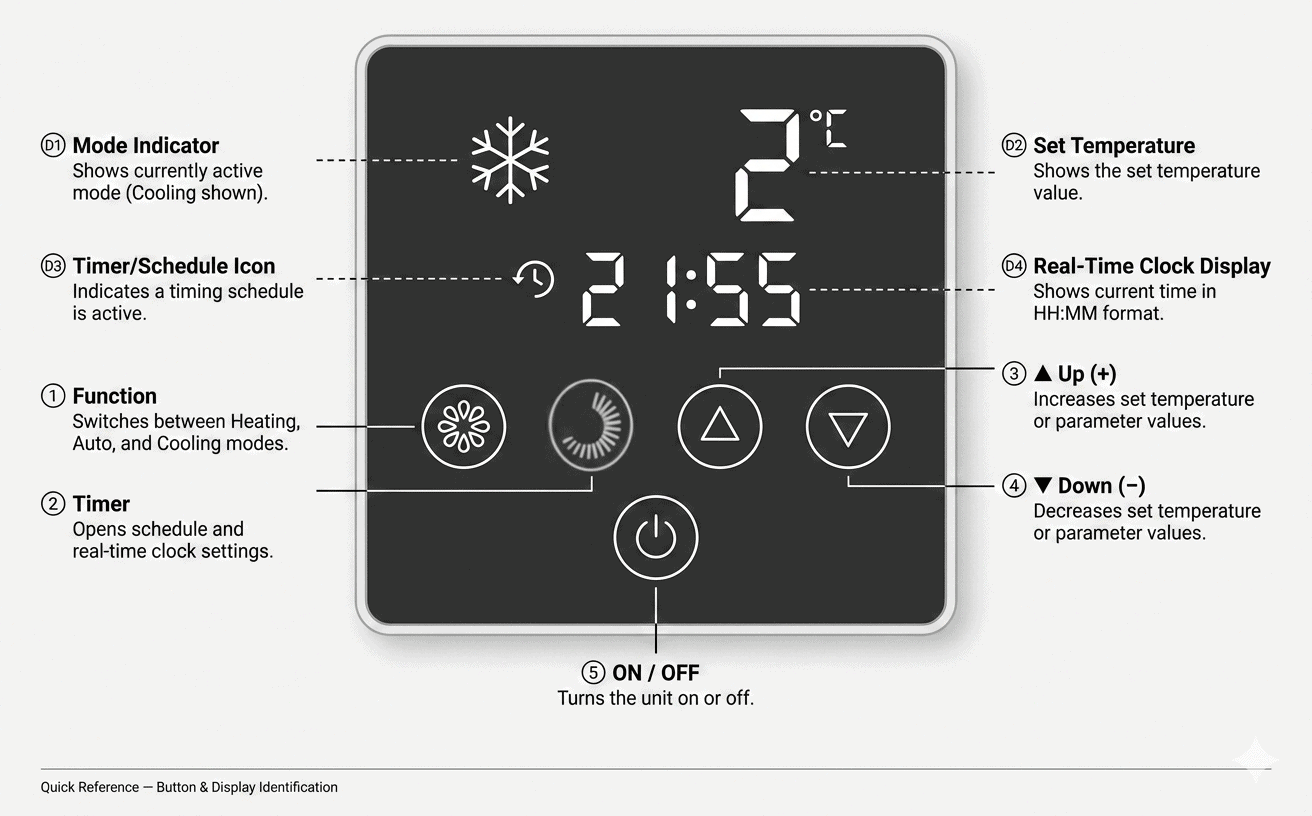 Vitalis control panel with all buttons labeled