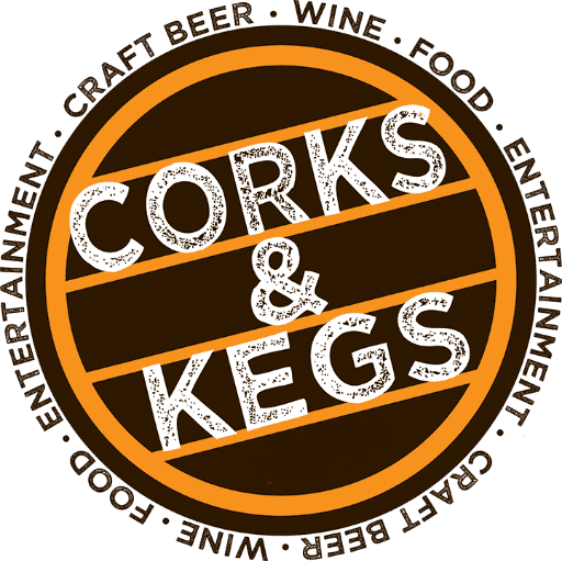 Corks & Kegs festival logo with beer barrel design and event details.