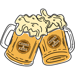 Two beer mugs with foam and Corks & Kegs logo for festival promotion.
